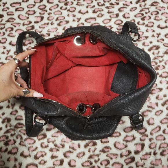 Vintage Hammit Black Tote Leather Bag Stud Red lined Zip Shoulder Hand Purse - Picture 3 of 7